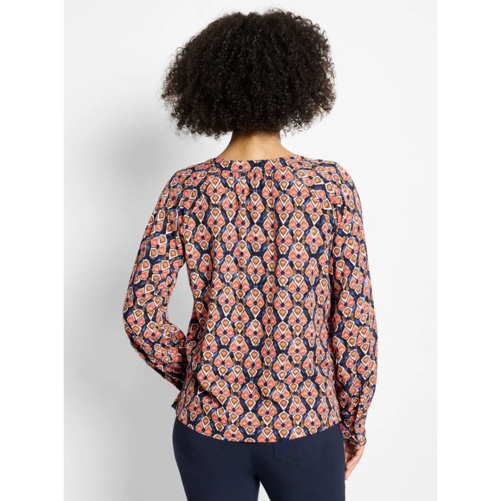 NIC+ZOE Blouse Medium Multicolor Geometric Ikat Print Split V-Neck Viscose - Picture 2 of 11